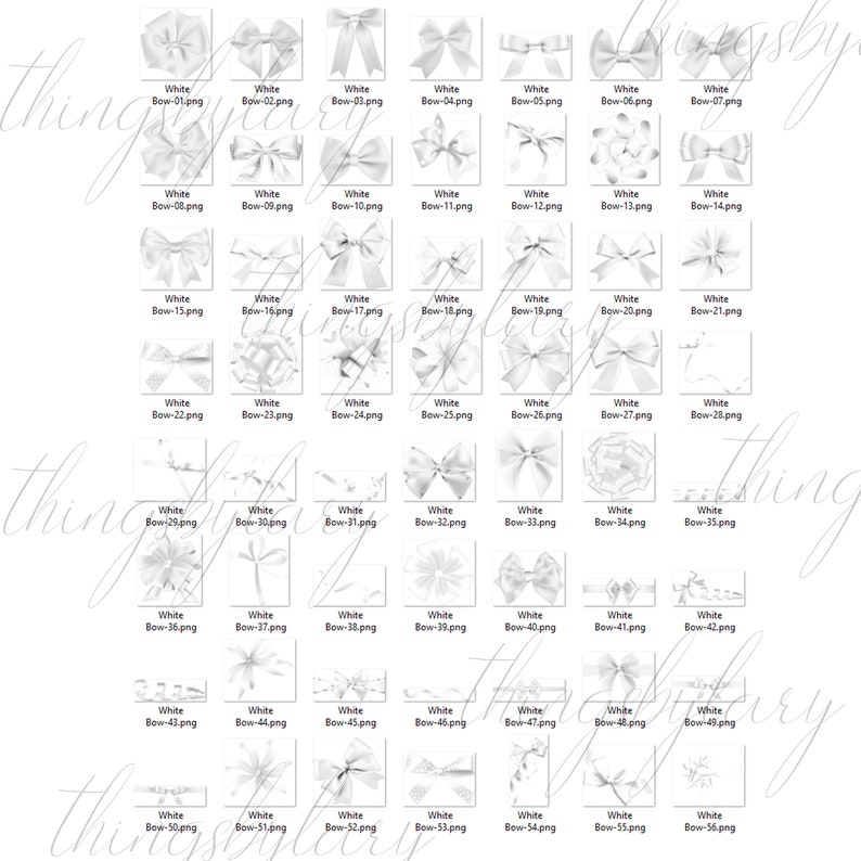 May include: A collection of 56 white satin bows, each with a different design and style. The bows are arranged in rows on a white background.