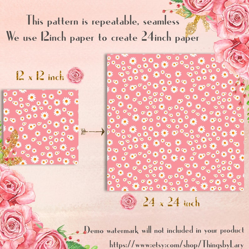 100 Seamless Daisy Flower Digital Papers 12x12 300 Dpi Planner Paper Instant Download Commercial Use Wedding Shabby Chic Mother Day Floral image 8