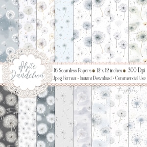 16 Seamless Watercolor Falling White Dandelion Digital Papers Uso commerciale illustrazione di fiori di prato Dandelion blowballs dente di leone bianco