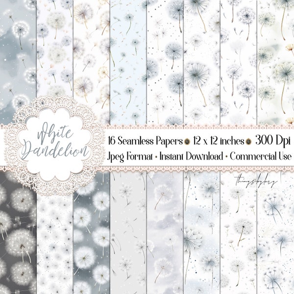 16 Seamless Watercolor Falling White Dandelion Digital Papers Commercial Use meadow flowers illustration Dandelion blowballs white dandelion