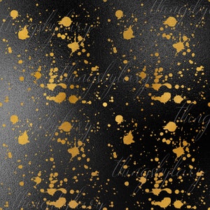 Puede incluir: Fondo negro con salpicaduras de pintura dorada. Las salpicaduras son de varios tama&ntilde;os y formas, creando un patr&oacute;n aleatorio.