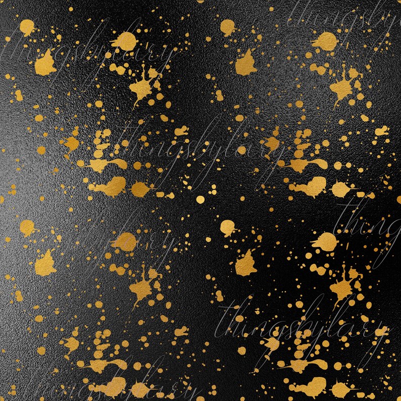 Puede incluir: Fondo negro con salpicaduras de pintura dorada. Las salpicaduras son de varios tama&ntilde;os y formas, creando un patr&oacute;n aleatorio.
