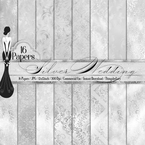 16 Silver Wedding Shimmer Damask digital papers, commercial use, luxury texture scrapbook paper, distressed silver foil wedding paper
