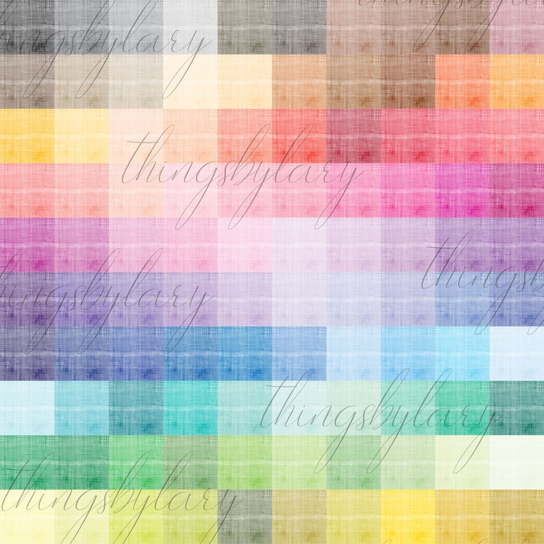 May include: A colorful plaid pattern with a subtle linen texture. The pattern is made up of squares in shades of yellow, orange, red, pink, purple, blue, green, and brown. The text "thingsbylarry" is written in white across the image.