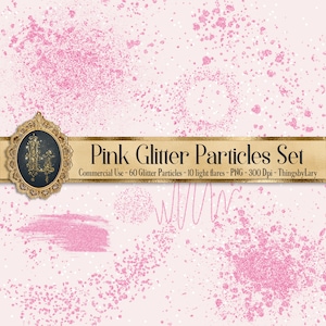 May include: A set of 60 pink glitter particles and 10 light flares, perfect for adding sparkle to digital designs. The particles are in a variety of sizes and shapes, and the flares are a soft, white light. The set is available in PNG format and is 300 DPI.
