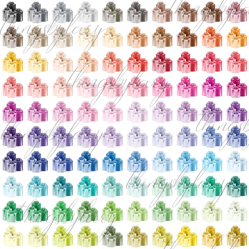 May include: A set of 100 digital clipart images of stacked gift boxes in various colors, including gray, beige, red, pink, purple, blue, teal, green, yellow, and orange.