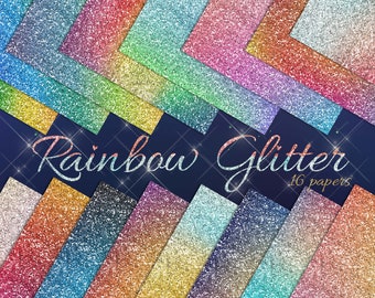 Op de afbeelding: Een set van 16 digitale papieren met een regenboog glitterpatroon. De papieren zijn diagonaal gerangschikt, waarbij elk papier een andere glitterkleur heeft.