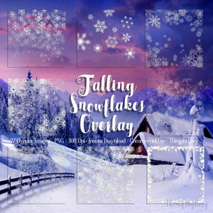 Pode incluir: Uma ilustração digital de uma cena de inverno nevada com uma casa, árvores e uma cerca. A imagem é sobreposta com flocos de neve caindo em vários tamanhos e formas. O texto "Falling Snowflakes Overlay" é escrito em uma fonte decorativa. O texto "27 Overlay Images PNG/300 Dpi Instant Download / Commercial Use/Thingsby Lany" também está incluído.