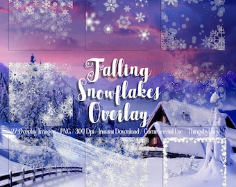 27 Falling Snowflakes Overlay Digital Images PNG Transparent 300 Dpi Instant Download Commercial Use Winter Overlay Christmas Holiday Frames