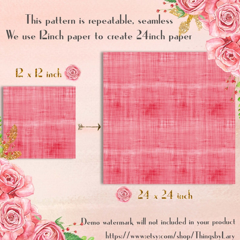 May include: A digital paper design with a pink and white linen texture. The design is seamless and can be repeated. The image shows a 12x12 inch sample and a 24x24 inch sample.