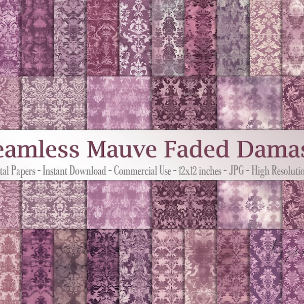 30 Seamless Vintage Mauve Faded Damask Digtal Papers 12x12" 300 Dpi Planner Paper Commercial Use Scrapbook gothic damask grunge Parchment