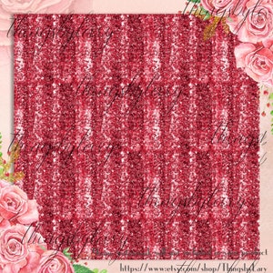 May include: A digital paper background featuring a repeating pattern of red glitter. The image has a vertical stripe design and is framed with watercolour roses and greenery. The shop name and website address are visible.