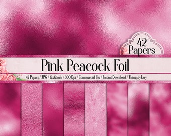 42 Pink Peacock Foil Papers 12 inch 300 Dpi Planner Paper Commercial Use Scrapbook Paper Digital Foil, Luxury Hot Pink Paper Metallic Foil