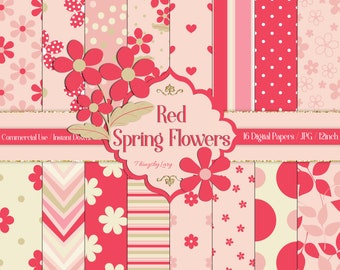 16 papeles de flores rojas de primavera sin costuras en papel planificador de 12 pulgadas y 300 ppp, coral scrapbooking floral, patrón sin costuras a rayas de Polka Dot Chevron