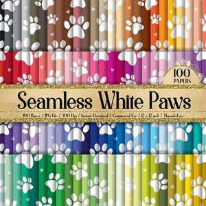 May include: 100 digital papers featuring a seamless pattern of white paw prints on a variety of colorful backgrounds. The papers are 12 inches by 12 inches and 300 dpi.