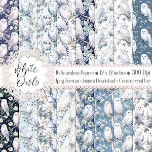 May include: A digital paper pack with 16 seamless patterns featuring white owls on blue and white backgrounds. The patterns are 12 inches by 12 inches and 300 dpi. The text "White Owls" is in a decorative font.