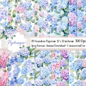 20 Seamless Watercolor Hydrangea Flowers Digital Papers Commercial Use hand painted Hydrangea Summer hydrangeas flowering shrubs bouquet