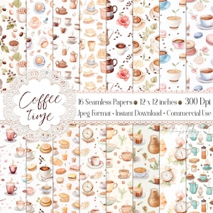16 Carte digitali per il tempo del caffè dell'acquerello senza soluzione di continuità Carta digitale per caffè per uso commerciale Ma prima Cupcakes con chicchi di caffè per album di caffè