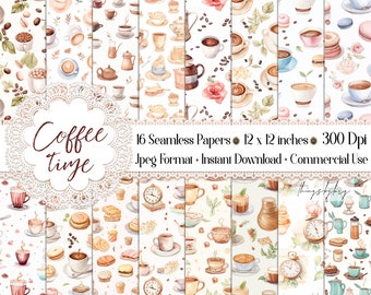 16 Seamless Watercolor Coffee Time Digital Papers Commercial Use Coffee Digital Paper But First Coffee coffee scrapbook coffee bean cupcakes