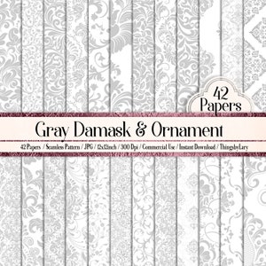 42 Seamless White and Silver Damask and Ornament Papers 12 inch 300 Dpi Instant Download Commercial Use Planner Paper Scrapbook Luxury Kit