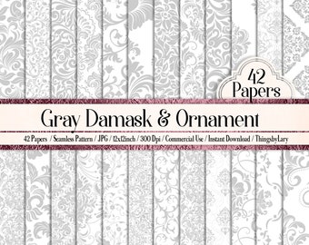42 Seamless White and Silver Damask and Ornament Papers 12 inch 300 Dpi Instant Download Commercial Use Planner Paper Scrapbook Luxury Kit