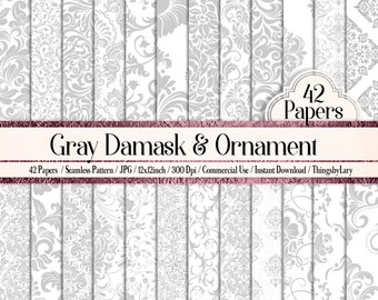 May include: A set of 42 digital papers featuring gray damask and ornament designs. The papers are seamless and measure 12x12 inches at 300 DPI. They are for commercial use and can be downloaded instantly.