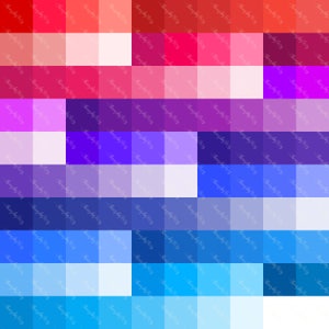 May include: A colorful abstract design with a gradient of red, pink, purple, blue, and white. The design is made up of squares of different sizes, creating a pixelated effect.
