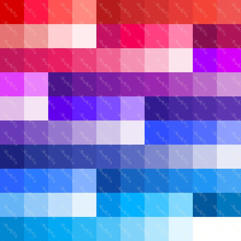May include: A colorful abstract design with a gradient of red, pink, purple, blue, and white. The design is made up of squares of different sizes, creating a pixelated effect.