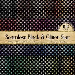 100 Seamless Black and Glitter Star Pattern Digital Papers 12x12&quot; 300 Dpi Commercial Use Instant Download Printable Minimal Basic Pattern