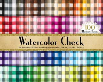 100 Seamless Watercolor Check Papers in 12" x 12", 300 Dpi Planner Paper, Commercial Use, Scrapbook Paper,Rainbow Paper, 100 Papers