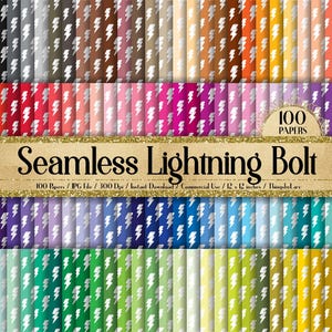 May include: A digital paper pack with 100 seamless patterns featuring white lightning bolts on various colored backgrounds. The pack is for commercial use and includes 12x12 inch JPG files at 300 DPI.