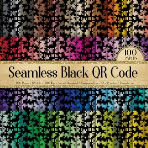 Op de afbeelding: Een set van 100 digitale papieren met een naadloos zwart QR-codepatroon in verschillende kleuren. Elk papier is 30,5 cm bij 30,5 cm en 300 DPI. De papieren zijn beschikbaar voor directe download en commercieel gebruik.