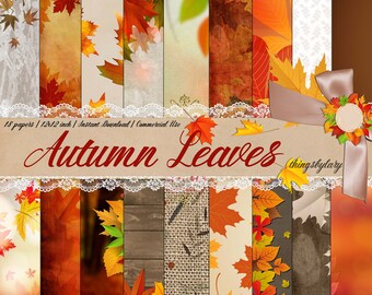 18 Fall Leaf Digital Papers 300 Dpi Instant Download Commercial Use, Autumn Leaves thanksgiving fall wedding vintage antique distressed fall