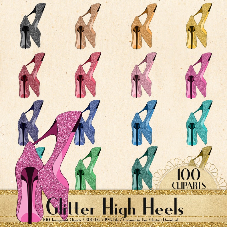 100 Glitter High Heels Cliparts, Planner Clipart, Scrapbook, Glitter Pumps, Fashion Cliparts, Glitter Fashion, Bridal Shoes, Bridal Shower image 1