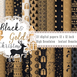 24 Black & Gold Christmas Digital Papers 12 x 12 pollici 300 Dpi Instant Download, Scrapbook Papers, Christmas Papers, Commercial Use