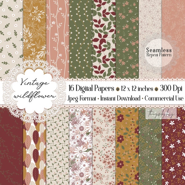 16 Seamless Countryside Wildflower Digital Papers 300 Dpi Vintage Floral Pattern Tiny Floral Pattern Fabric Floral Autumn Meadow Pattern
