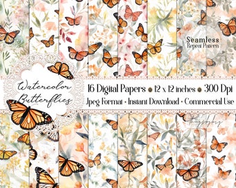 May include: 16 digital papers featuring watercolour butterflies in shades of orange, yellow, and green on a white background. The papers are 12 x 12 inches and 300 dpi. Seamless repeat pattern. Jpeg format. Instant download. Commercial use.