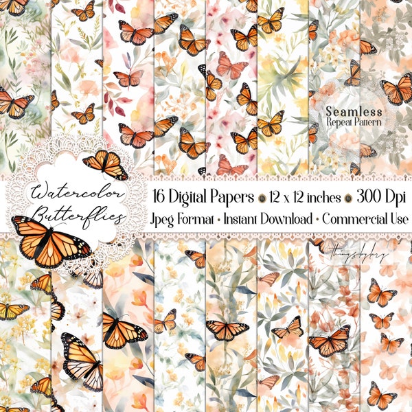 16 Seamless Watercolor Monarch Butterfly Digital Papers 12" 300 dpi commercial use Watercolor Butterflies Papers Seamless Monarch Butterfly