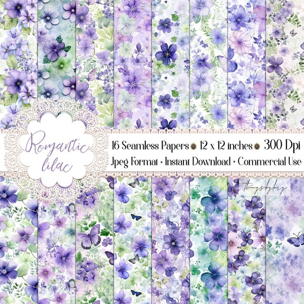 16 Seamless Watercolor Romantic Lilac Flowers Digital Papers 300 dpi commercial use Lilac Shamrock flowers and butterfly watercolor paper