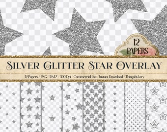 12 Seamless Silver Glitter Star Overlay Images Transparent PNG 300 Dpi Commercial Use Instant Download Seamless Silver Glitter Star Overlay