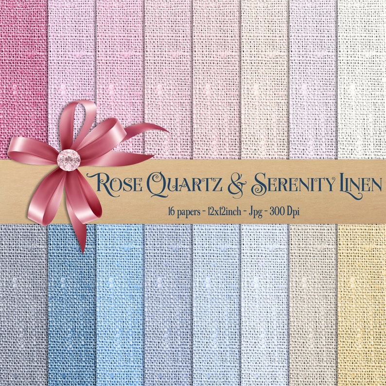 K&ouml;nnte beinhalten: Eine Sammlung von 16 digitalen Leinenpapieren in Pastellfarben wie Rosa, Blau und Beige. Auf der linken Seite befindet sich ein rosa Band mit einem Kristallbesatz. Der Text lautet "Rose Quartz & Serenity Linen".
