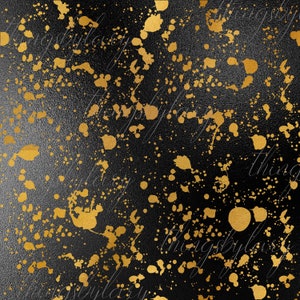 Puede incluir: Fondo negro con salpicaduras de pintura dorada. Las salpicaduras son de diferentes tama&ntilde;os y formas, creando un patr&oacute;n aleatorio.