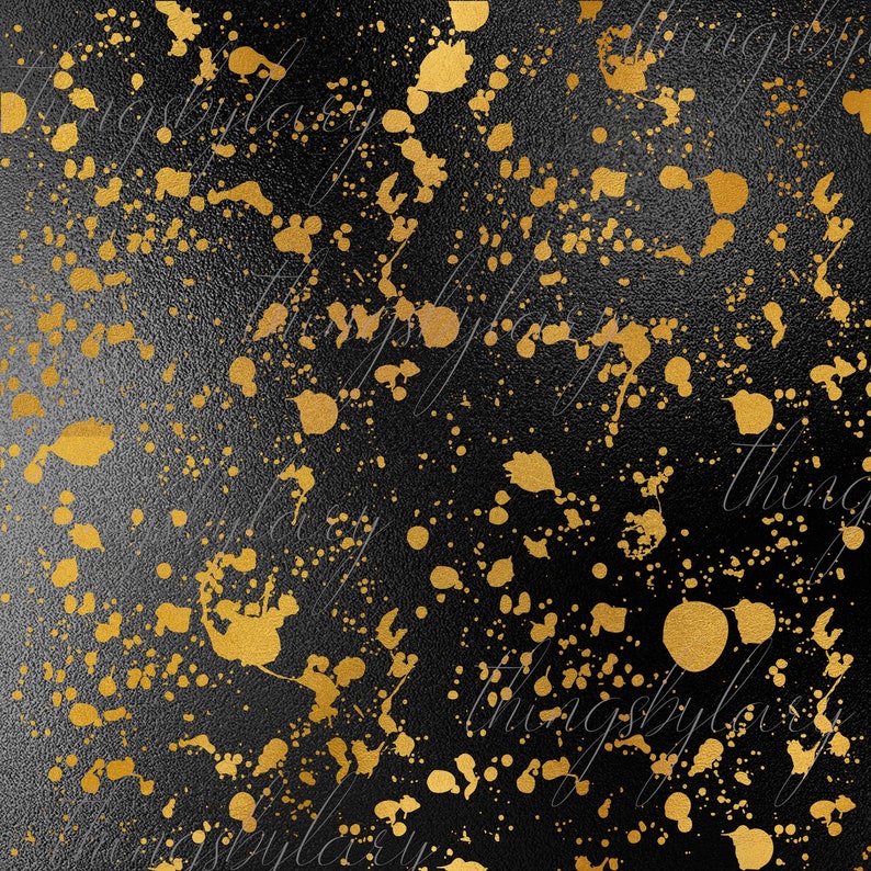 Puede incluir: Fondo negro con salpicaduras de pintura dorada. Las salpicaduras son de diferentes tama&ntilde;os y formas, creando un patr&oacute;n aleatorio.