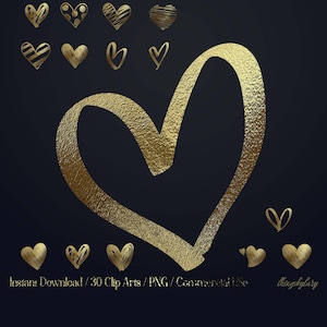 Op de afbeelding: Een set van 30 gouden hartclipart-afbeeldingen. De harten zijn in verschillende stijlen, waaronder eenvoudig, gestreept, gestippeld en textuur. De afbeeldingen zijn perfect om een ​​toets van elegantie toe te voegen aan elk project.