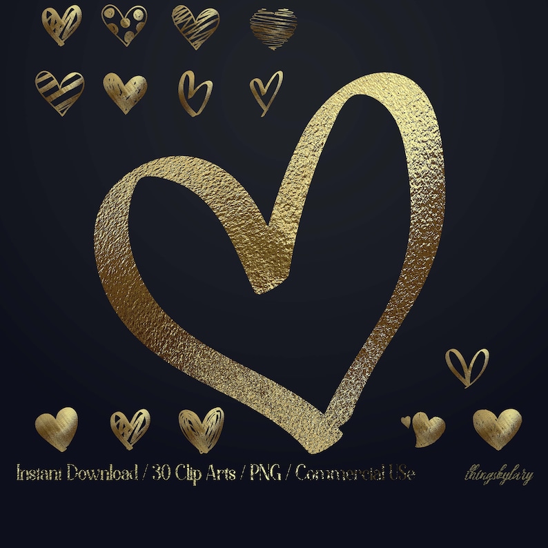 Op de afbeelding: Een set van 30 gouden hartclipart-afbeeldingen. De harten zijn in verschillende stijlen, waaronder eenvoudig, gestreept, gestippeld en textuur. De afbeeldingen zijn perfect om een ​​toets van elegantie toe te voegen aan elk project.
