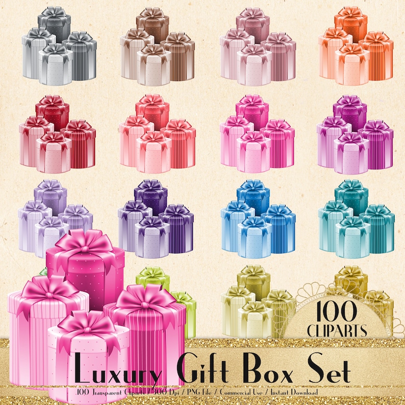 May include: A set of 100 digital clipart images of gift boxes in various colors. The boxes are stacked in groups of three and feature a variety of patterns and textures. The text "100 CLIPARTS" and "Luxury Gift Box Set" is visible in the image.