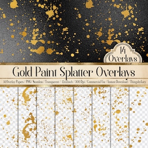 Puede incluir: 14 superposiciones de salpicaduras de pintura dorada, sin costuras y transparentes, 30,5 x 30,5 cm, 300 dpi. Estos papeles digitales son perfectos para agregar un toque de oro a tus dise&ntilde;os.