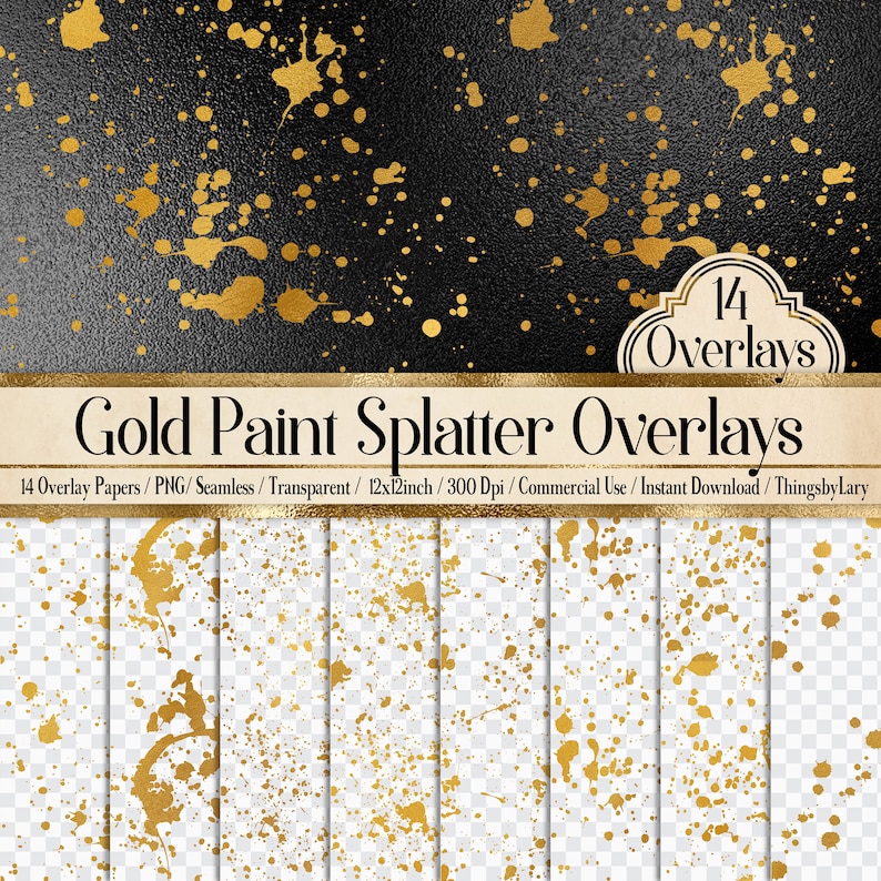 Puede incluir: 14 superposiciones de salpicaduras de pintura dorada, sin costuras y transparentes, 30,5 x 30,5 cm, 300 dpi. Estos papeles digitales son perfectos para agregar un toque de oro a tus dise&ntilde;os.