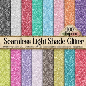 May include: 100 seamless light shade glitter digital papers in various colors. Each paper is 12x12 inches and 300 dpi.  Commercial use.
