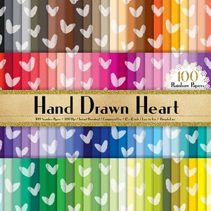 Puede incluir: Un conjunto de 100 papeles digitales con un patrón de corazón dibujado a mano en varios colores. Los papeles son de 12x12 pulgadas y 300 dpi.  "100 Rainbow Papers" y "Hand Drawn Heart" están escritos en una pancarta dorada.